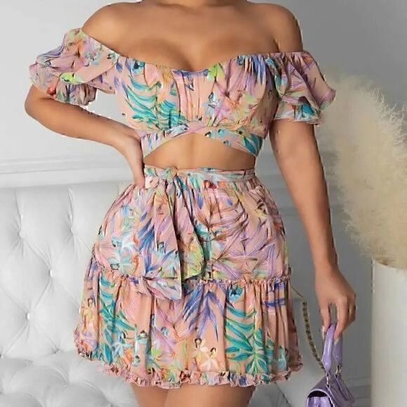 Off Shoulder Floral Print Top & Frill Hem Skirt Set Women Sets 2 Piece Set  XL - Picture 2 of 5